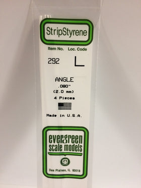 292 - .080"  (2.0mm) OPAQUE WHITE POLYSTYRENE ANGLE