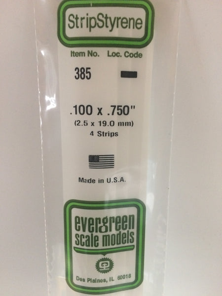 385 - .100" X .750" X 24" OPAQUE WHITE POLYSTYRENE STRIP
