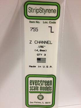 755 - .156"  (4.0mm) OPAQUE WHITE POLYSTYRENE Z CHANNEL