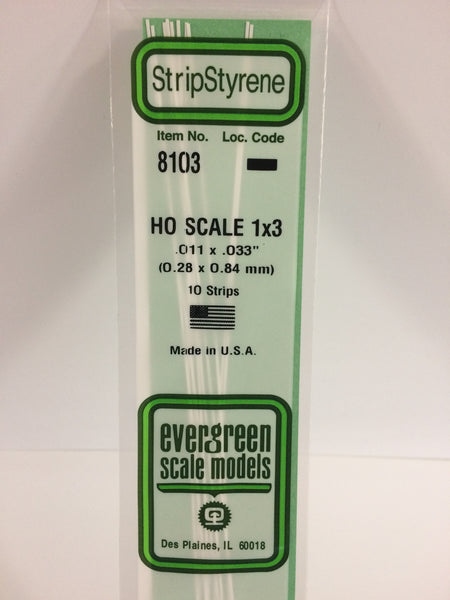 8103 - .011" X .033" OPAQUE WHITE POLYSTYRENE HO SCALE STRIPS (1X3)