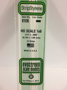 8106 - .011" X .066" OPAQUE WHITE POLYSTYRENE HO SCALE STRIPS (1X6)