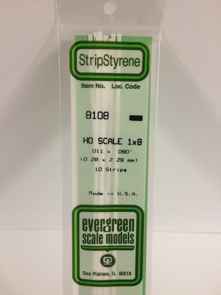 8108 - .011" X .090" OPAQUE WHITE POLYSTYRENE HO SCALE STRIPS (1X8)