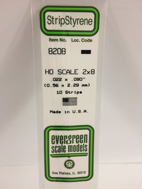 8208 - .022" X .090" / .6mm X 2.3mm OPAQUE WHITE POLYSTYRENE HO SCALE STRIPS (2X8)