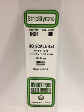 8404 - .043" X .043" / 1.1mm X 1.1mm OPAQUE WHITE POLYSTYRENE HO SCALE STRIPS (4X4)