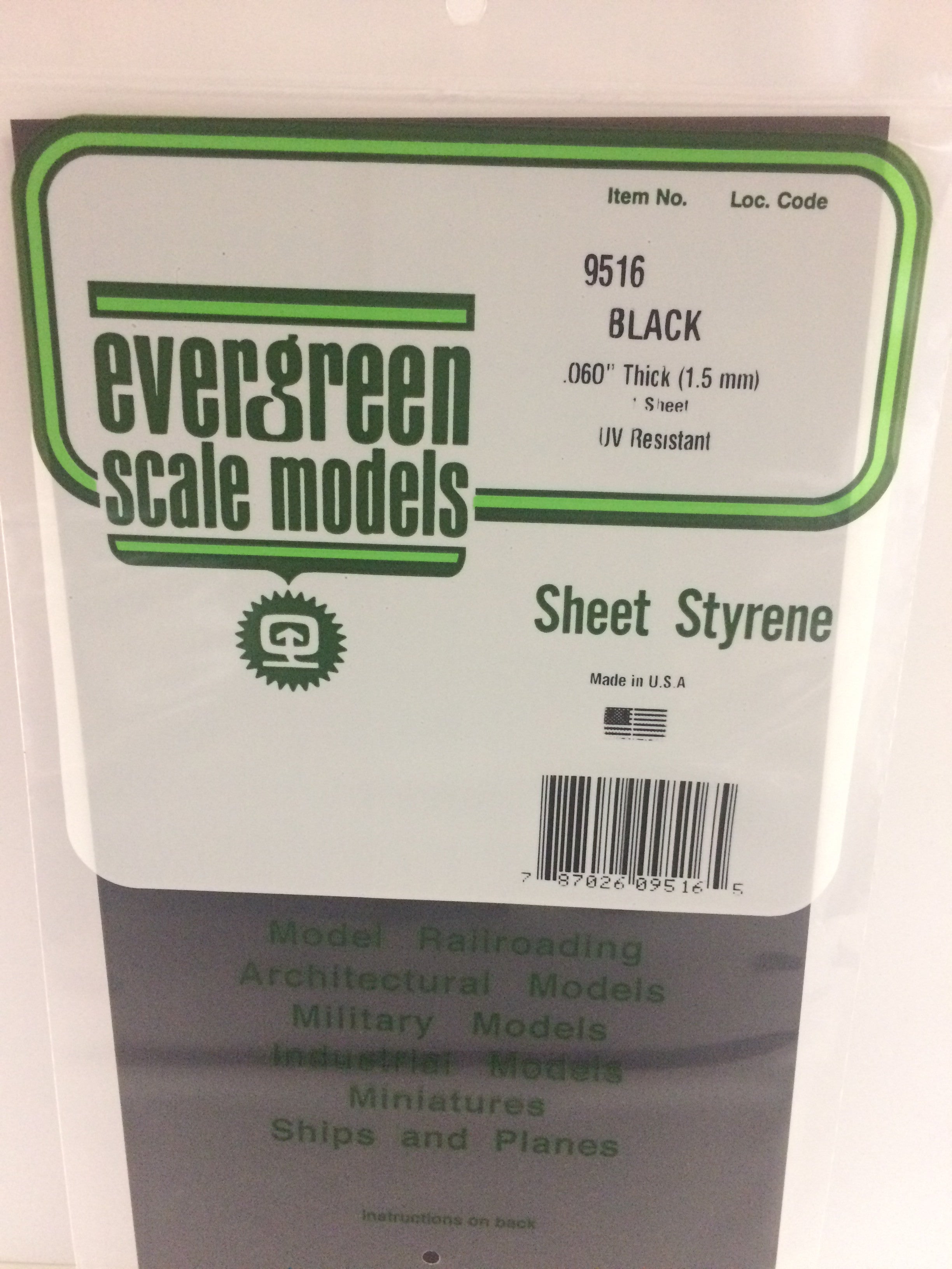 9516 - .060 (1.5mm) PLAIN OPAQUE BLACK POLYSTYRENE SHEET - Evergreen Scale  Models